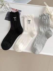 3 đôi tất dài đến bắp chân thêu nơ mỏng cho bé gái, tất cổ cao màu trơn thời trang, phù hợp cho bé gái từ 10-16 tuổi, tất ren ngọt ngào - Nhiều màu - Xem 3