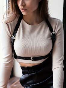 时尚女士腰带 PU 皮革性感腰带上身抽绳哥特式铆钉束缚吊带情趣内衣配饰 - 黑色 - 查看 2