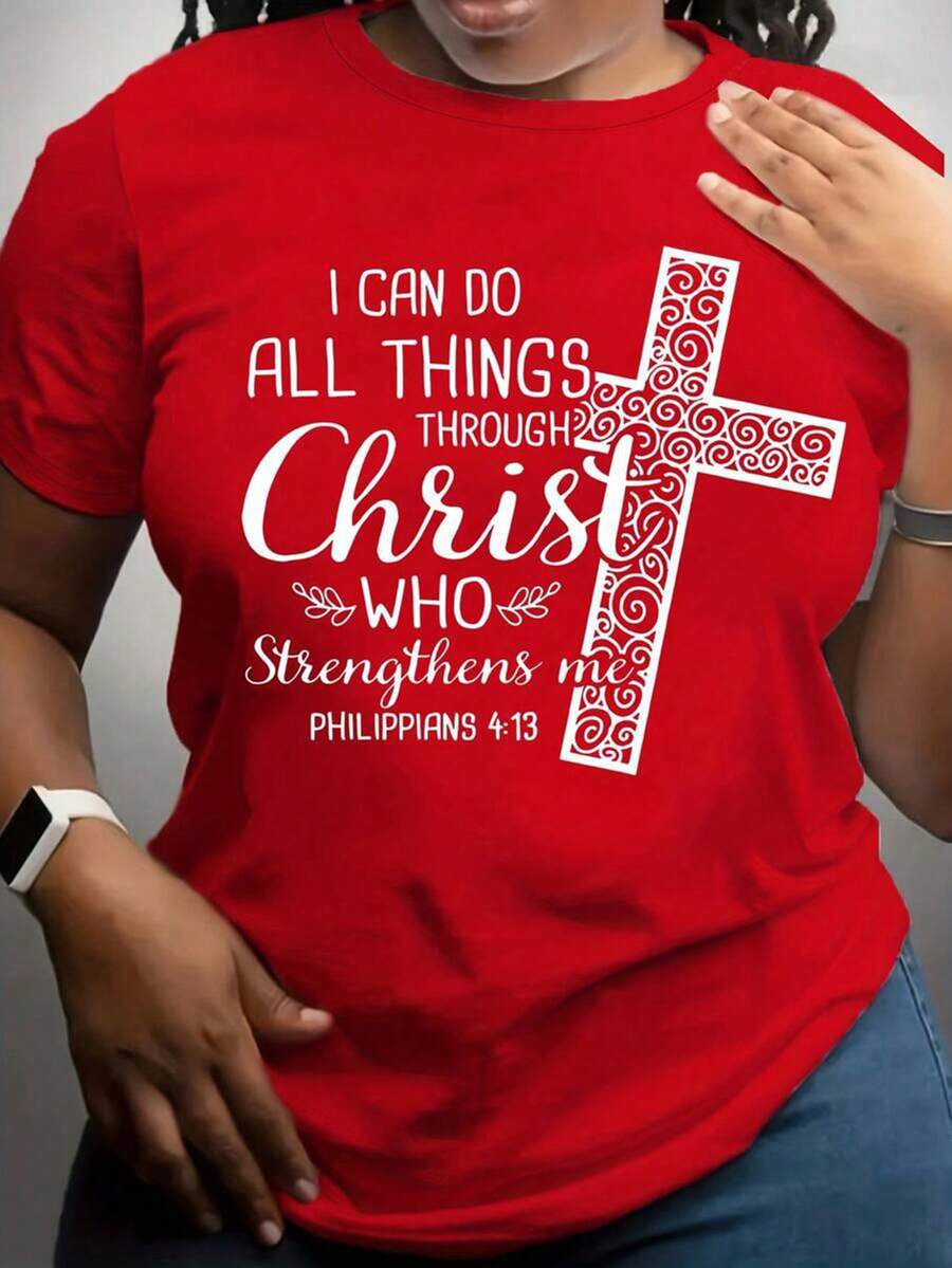 女士休闲短袖圆领 T 恤 - 紅色 - 查看 1