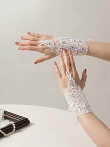 1 Pair Women's Rhinestone Embroidered Lace Fingerless Bridal Gloves - White - View 2