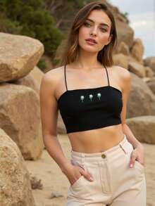 Top tirantes finos dama mujer estampado floral bordado delantero flores pequeñas juvenil fresco moderno versátil casual urbano playa tarde calurosa vacaciones primavera verano femenina - Negro - Ver 1