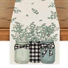 1pc Eucalyptus Leaves And Floral Pattern Table Runner, Decorative Spring Seasonal Kitchen Dining Table Decor For Home Gathering - Green - View 7