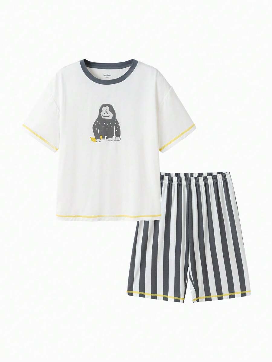 Balabala Boys' Cartoon Pajama Set, Cooling & Comfortable - White Grey Tone - View 1