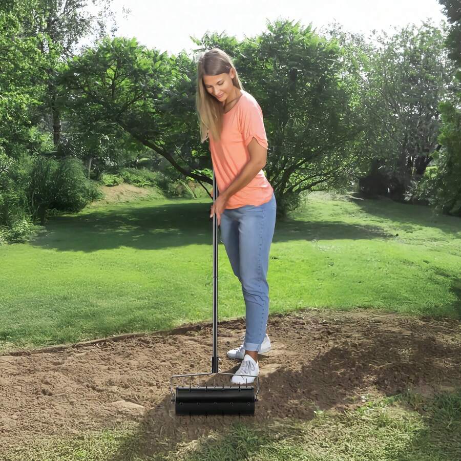 Rolling Lawn Aerator, 18-Inch/ 21-Inch  Heavy-Duty Manual Rolling Aerator Lawn With Detachable Handle And 27 /33Iron Spikes, Rolling Lawn Aeration Tool For Garden Patio Yard Compacted Soils And Lawns, Black - 18inch 27 Iron Spikes - 查看 1