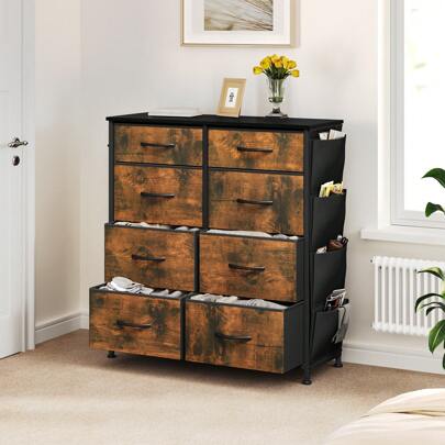 Chest Of Drawer With 8 Drawers For Bedroom Fabric Dresser Storage Drawers With Handles Metal Frame For Living Room, Hallway, Nursery, Rotten Wood Grain