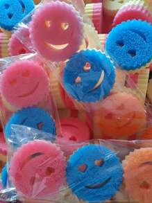 3 件心形和笑脸图案多功能双层温敏擦洗海绵。可爱又强力去污，双面厨房海绵 - 温敏，防刮擦清洁垫，适用于餐具等。- 多表面海绵架，适合现代厨房水槽，用于餐具清洁