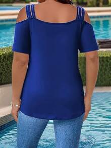1 Pc Solid Color Knit Fabric Spaghetti Strap Plus Size Women T-Shirt, Summer - Blue - View 2
