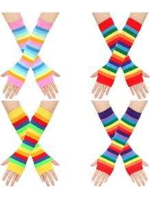 Children/Teens' Gothic/Y2K Style Rainbow Striped Fingerless Knit Arm Warmers, Wrist Cuffs, Suitable For 8-16 Years Old For Daily, Party, Holiday, Gift - Multicolor - View 5