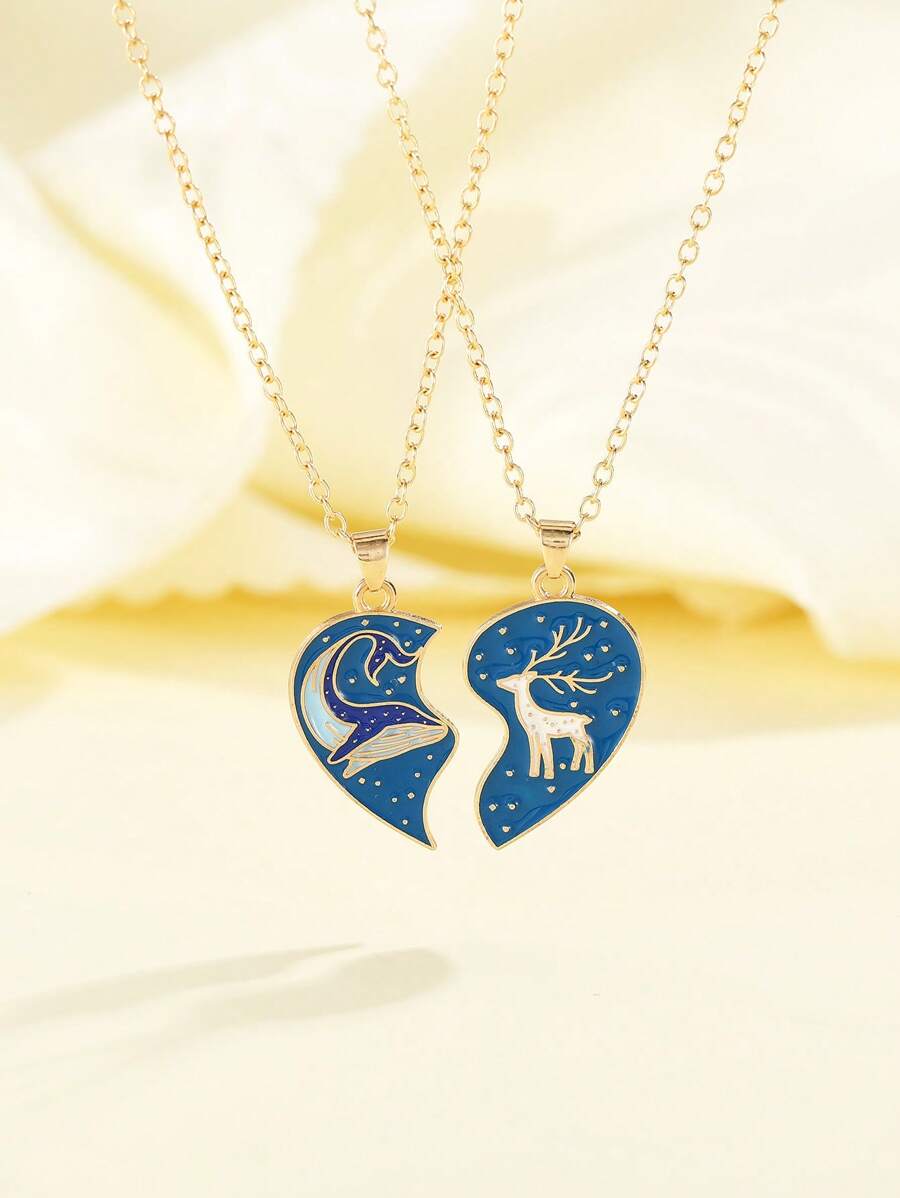 2pcs Creative Cartoon Heart Necklace With Alloy Oil Drops, Cute Whale Elk Patchwork Pattern Necklace For Daily Wear, BFF Necklace, Friendship Necklace, Sister Gift, Girl Necklace, Sister Necklace