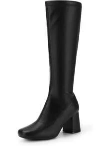 Women Gogo Boots Fashionable Square Toe Chunky Classic Knee High Boots For Women - Black - View 5