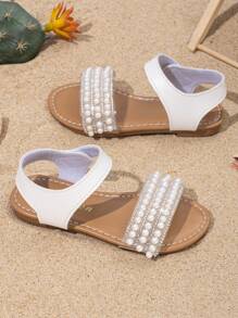 女童夏季凉鞋，女童白色鞋子，女童校鞋，优雅珍珠白，适合海滩、度假、日常穿着，平底凉鞋 - 白色 - 查看 3