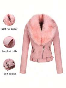 Women Faux Leather Suede Jacket Moto Biker Coat Sherpa-Lined Overcoat With Removable Belt
