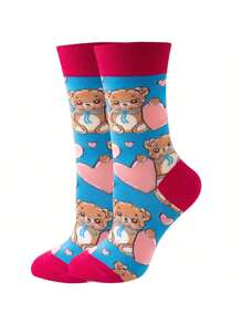 1 Pair Of Blue Cartoon Bear & Heart Socks Pink Cuff,Cute Bear Illustration With Heart Design, Casual Socks - Multicolor - View 8