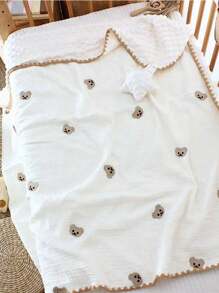 1 件婴儿刺绣熊图案柔软毛绒毯子，适合所有季节，温暖羊毛幼儿被子，幼儿舒适午睡毯，成人办公室/汽车毯