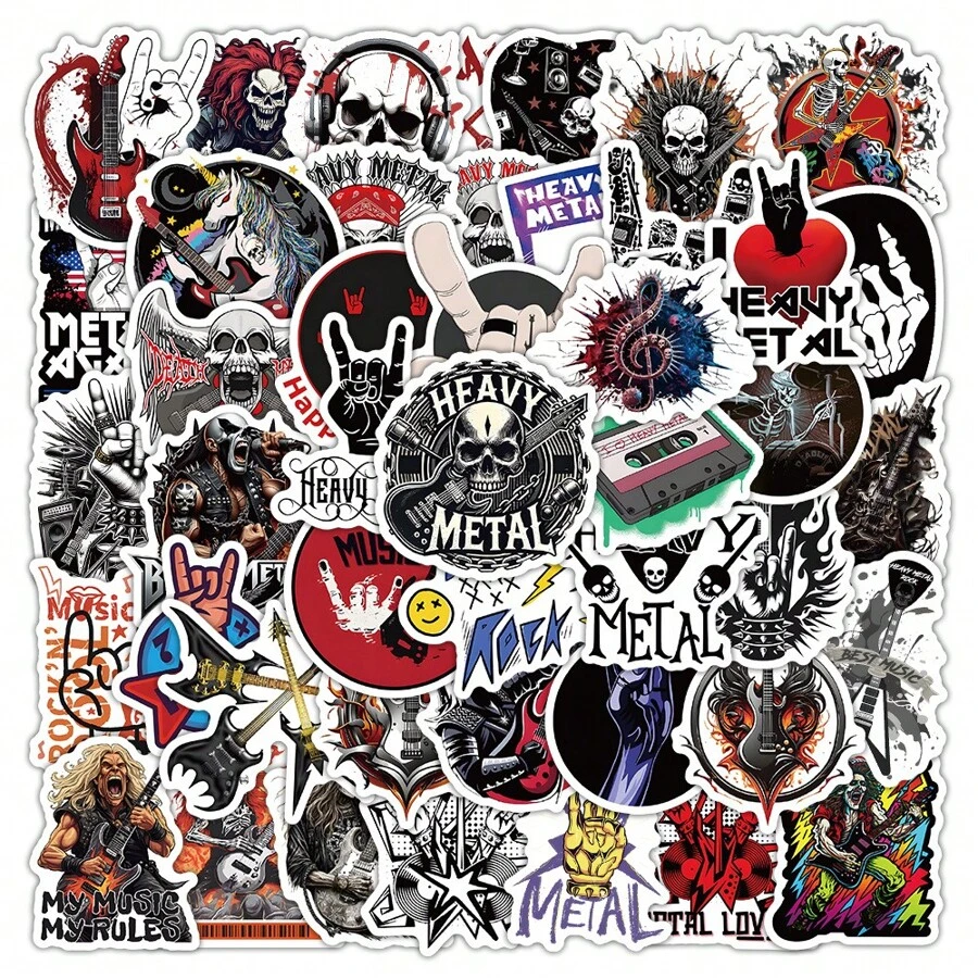 50 miếng dán graffiti nhạc Heavy Metal độc đáo - Hình guitar, đầu lâu, cử chỉ tay, v.v. - Hoàn hảo cho máy tính xách tay, đàn guitar, mũ bảo hiểm - Chất liệu vinyl bền, chống thấm nước - Lý tưởng cho người hâm mộ nhạc Rock & Metal, cũng thích hợp cho đồ dùng học tập và chuẩn bị năm học mới.