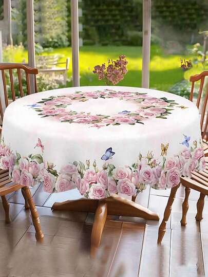 1 pieza Mantel con estampado de flores de primavera, diseño de rosas rosadas y mariposas, mantel rectangular y redondo, decoración de primavera, Día de San Valentín, Día de la Madre, mantel para fiesta de temporada de bodas, accesorio de cocina, decoración de habitación y exterior, regalo ideal