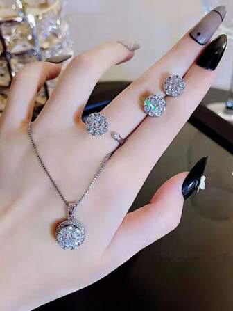 1pc Rotatable Cubic Zirconia Necklace, 1pc Rotatable Cubic Zirconia Ring And 1 Pair Rotatable Cubic Zirconia Stud Earrings