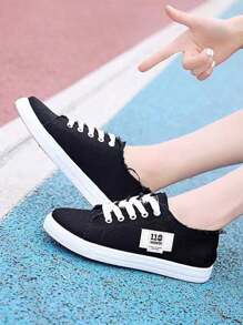 Women's Solid Color Lightweight Casual Sneakers, Breathable Ladies Tennis Shoes, Fashion Style Classic Jogger Trainers, Soft Non-Slip Outdoor Shoes, Skateboarding Shoes, Flat Shoes. - 黑色 - 查看 6