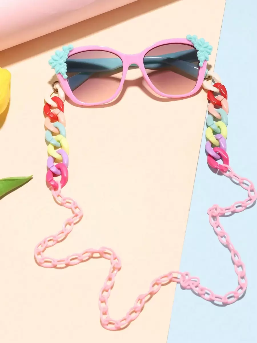 1 Set Girls' Square Fashion Glasses And Colorful Glasses Chain, Suitable For Daily Wear, For Kids - Pink - View 1