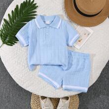 2pcs/Set Summer New Baby Boy Jacquard Fabric Polo Neck Shirt And Casual Shorts - Blue - View 2