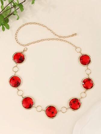 新款时尚红宝石女士腰链配饰，纯色可爱锌合金火焰腰链，适合婚礼，四季皆宜，新款欧美风格合金腰带，镜面休闲装饰腰链，玛瑙水晶腰链搭配红宝石金属链