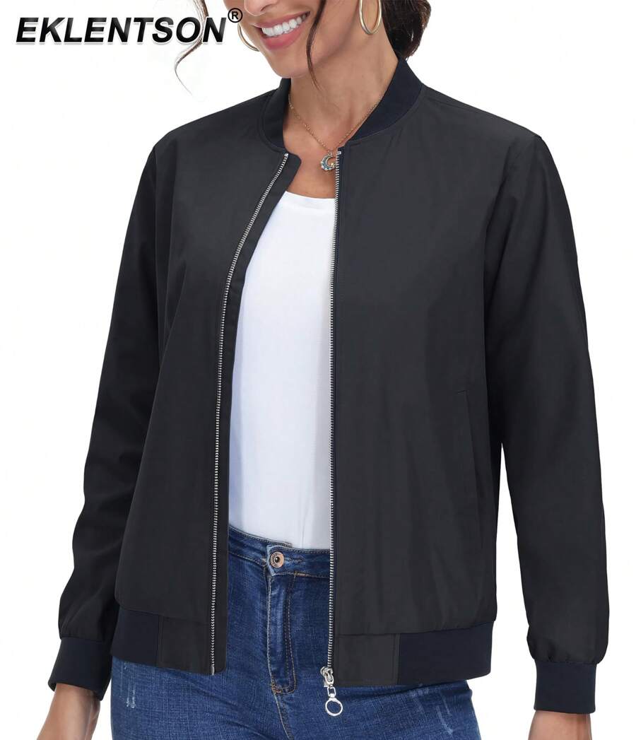 KEFITEVD Women's Casual Bomber Jacket Lightweight Spring Fall Outerwear Zip Up Windbreaker With Pockets - 黑色 - 查看 1