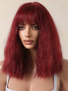Peluca de estilo con flequillo, de 16 pulgadas, de color rojo vino, de largo medio, con apariencia natural y resistente al calor para uso diario. Peluca tejida de cabello sintético, de estilo elegante, resistente al calor, para uso cotidiano.