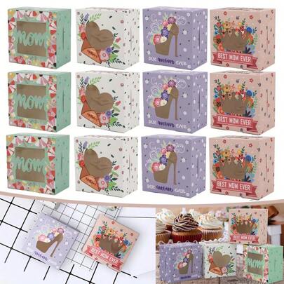 12 Pcs Mother's Day Gift Boxes With Window 4 Style Happy Mother's Day Paper Treat Boxes Best Mom Ever Party Favor Box For Mother's Day Party Supplies Mother's Day Gifts