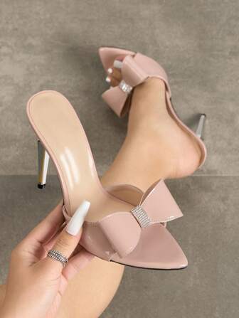 闪亮水晶蝴蝶结金属尖头高跟凉鞋，时尚一脚蹬派对/约会鞋，适合年轻女士，浅粉色