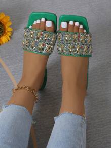 Women's Strap Crystal Embellished Slip-On Flat Sandals - Green - View 2