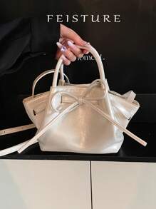 1 pieza Bolso de mano tipo cesta pequeño, nuevo diseño de lazo y forma de empanadilla para mujer primavera-verano, con cierre magnético y correa para el hombro larga, adecuado para niñas, damas, estudiantes universitarias y trabajadoras de oficina, excelente para el trabajo, los negocios, ir y venir del colegio