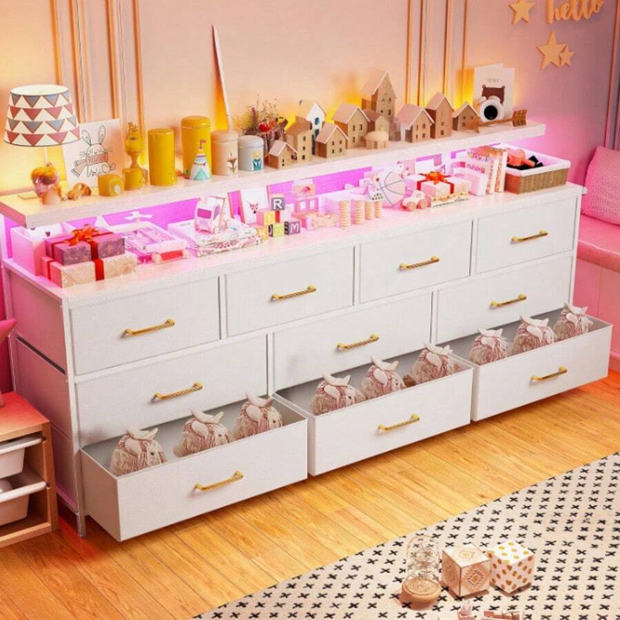 EnHomee 55" W Long Dresser With 10 Fabric Drawers & LED Lights & Power Outlets, Large Dresser For Bedroom, Room Decor, Home Decor, Suitable For 60" TV, White - 查看 1