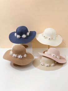 1pc Women's Summer New Chiffon Floral Beach Hat, Woven Straw Hat, Large Brim UV Protection Sun Hat For Outdoor Travel - Round Straw Hat - View 8