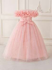 少女褶皱露肩粉色派对礼服，花卉刺绣生日宴会少女服装，优雅婚礼毕业舞会礼服 - 粉色 - 查看 2