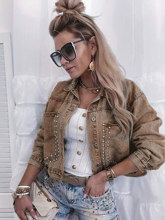 Standardstorlek dambroderad, pärlmönstrad överdimensionerad lös passform långärmad icke-stretchig färgad jeansjacka