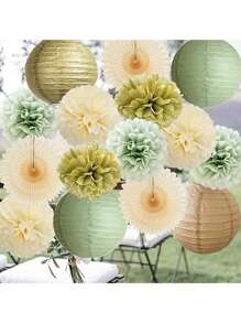 15 pièces Ensemble de décoration de fête vert sauge et or - Lanternes en papier de 10 pouces, fleurs en papier, éventails en papier, idéal pour les mariages d'été, les enterrements de vie de jeune fille, les remises de diplômes, les anniversaires, les mariages, les fêtes de remise de diplômes, les fêtes de tous les jours et les fêtes de vacances