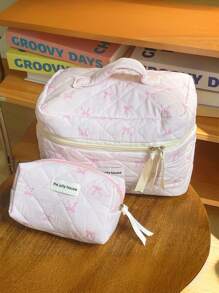 1 Piece Pink Ribbon Bow Storage Bag, Korean Style Sweet Girl Student, Large Capacity Toiletry Bag, Pillow-Shaped Quilted Clutch Bag, Fashion And Cute Makeup Bag That Can Hold Mobile Phone Data Cables, Bluetooth Headsets, Cosmetics And Change Travel Essentials Travel Accessories Travel Must Haves Holiday Essentials Holiday Travel Bag - Pink - View 4