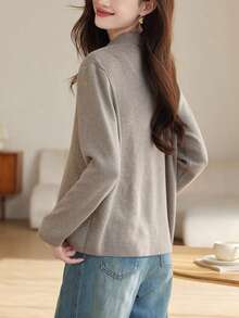 女士优雅休闲针织西装外套，韩版宽松针织开衫，高品质针织开衫外套，街头时尚 - 卡其色 - 查看 2