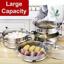 5-Layer Steamer Pot Steamer Vegetable Potato Steamer Stainless Steel Stackable Steamer Pot With Glass Lid - Silver - View 4