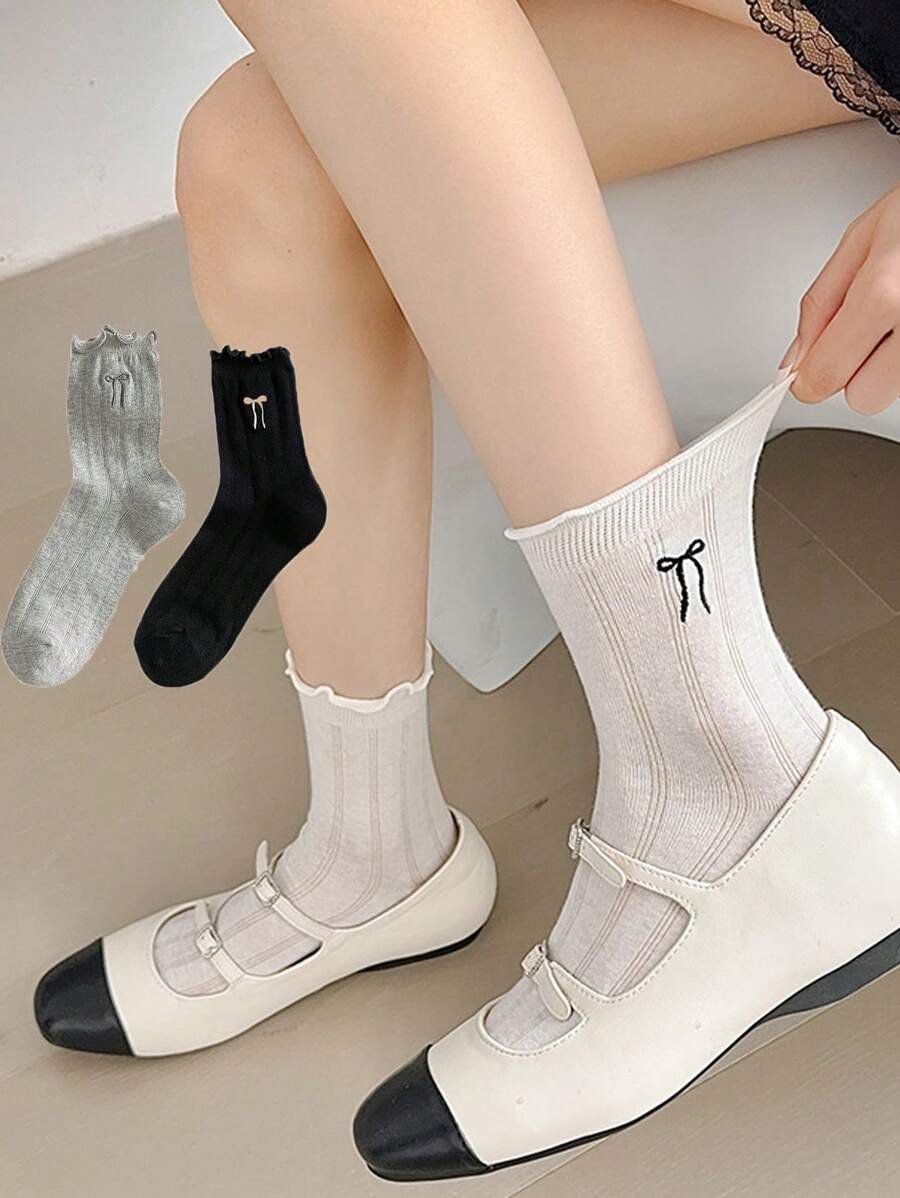 3 đôi tất dài đến bắp chân thêu nơ mỏng cho bé gái, tất cổ cao màu trơn thời trang, phù hợp cho bé gái từ 10-16 tuổi, tất ren ngọt ngào - Nhiều màu - Xem 1