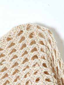 女士春夏休闲时尚度假海滩风格海星刺绣设计超短长袖针织毛衣套头衫镂空半透明上衣 - 杏色 - 查看 6