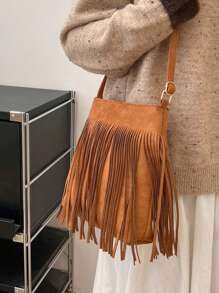 [轻质波西米亚斜挎包] 休闲流苏斜挎包，轻质波西米亚风格钱包，配有可调节肩带，纯色化纤材质，涤纶衬里，带扣闭合 - 适合任何场合的经典流苏单肩包 - 棕色 - 查看 2