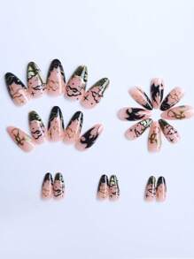 Instantly Upgrade Your Look With 24 Pcs Of Almond-Shaped Press On Nails Gift Box With Dragon'S Inheritance Cool Flame Black Gold Battle Dragon Hand-Painted Clouds Flash Stars Stripes Asymmetrical French Edge Handsome Girl Gifts, Dating Portable Fake Nails With Jelly Glue 1 Piece File Strip 1 Nail Supplies Nails