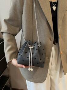 1pc Nylon Plain Drawstring Bucket Bag With Chain Strap, Fashion Pearl Shoulder Handbag For Women - Multicolor - View 4