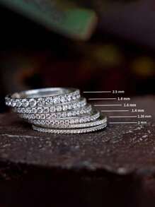 1pc 1.4-1.8mm Round Cut Wedding Ring, Semi-Eternity Ring, Full Circle Pave Diamond Stackable Ring, Single Claw Set Wedding Band - Silver - View 5