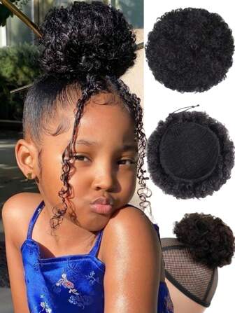 适合女孩儿童的非洲蓬松抽绳马尾辫 1 件迷你非洲蓬松非洲发髻合成短发接发髻卷曲卷发甜甜圈发髻