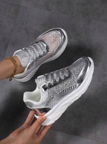 2025 New Women Casual Sneakers, Platform Thick Sole Non-Slip Wear-Resistant Elegant Fashion Gold Lace Mesh Breathable Comfortable Low-Top Round Toe Lace-Up Outdoor Casual Fashionable Luminous Slip-On Versatile Women Flat Shoes