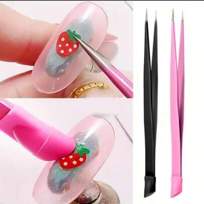 1pc/2pcs Multi-Function Double-Ended Nail Tweezers, Stainless Steel Fine Tip Tweezers With Silicone Pressing Rod, Rhinestone Stickers, DIY Nail Art Tools
