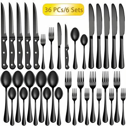 36-Piece Black Stainless Steel Cutlery Sets With Steak Knives Service For 6 Persons,Dishwasher Friendly Black Flatware Sets, Silverware Sets Tableware Sets