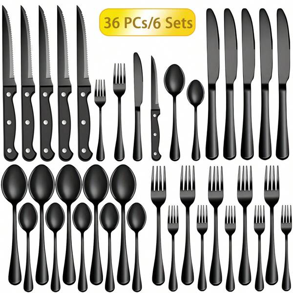 36-Piece Black Stainless Steel Cutlery Sets With Steak Knives Service For 6 Persons,Dishwasher Safe Black Flatware Sets, Silverware Sets Tableware Sets